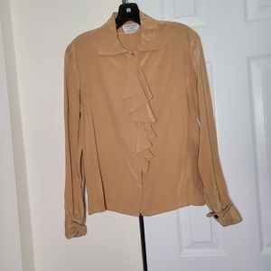 Vintage 70s 100% Silk Ruffle Front Button Down Shirt Size 4